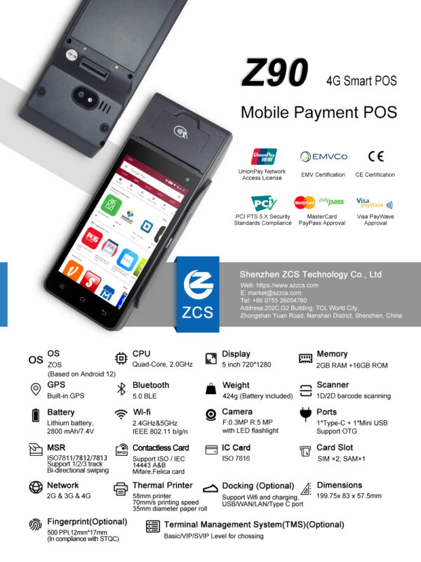 เครื่อง Smart POS แบบมือถือ All-in-One ระบบ Android 12 รุ่น Z90B - Image 4